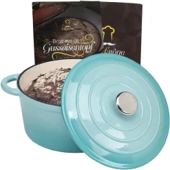 Globetrade Gusseisen Topf Brot Backen 24 Cm - 3,5 L Schmortopf Gusseisen Emailliert Zum Schmoren, Backen Und Braten - Brotbacktopf Mit Deckel Induktion - (3,5 L, Blau)