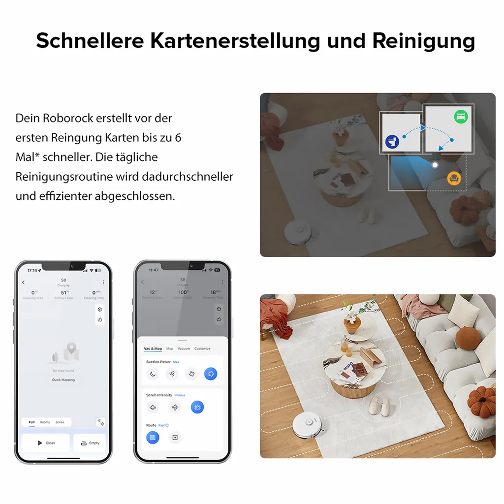 Roborock S8 Staubsauger Roboter Sonic Saugroboter 6000Pa DuoRoller-Bürste VibraRise Wischen 3D-Mapping 3D-Strukturiertes Licht LiDAR Kindersicherung APP Control (Weiß) – Bild 14