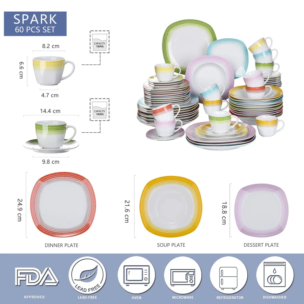 VEWEET Tafelservice 'SPARK' Aus Porzellan, 60-tlg Kombiservice, Kaffeetassen, Untertasse, Dessertteller, Speiseteller Und Suppenteller, Komplettservice Für 12 Personen – Bild 2
