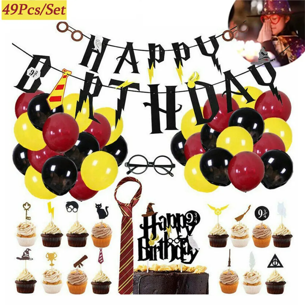 Pharmavita Ltd 49 Stück / Set Kindergeburtstagsdekorationen, Ein Komplettes Set Harry-Potter-Dekorationen, Krawatten, Gläser, Flaggen, Karten, Luftballons