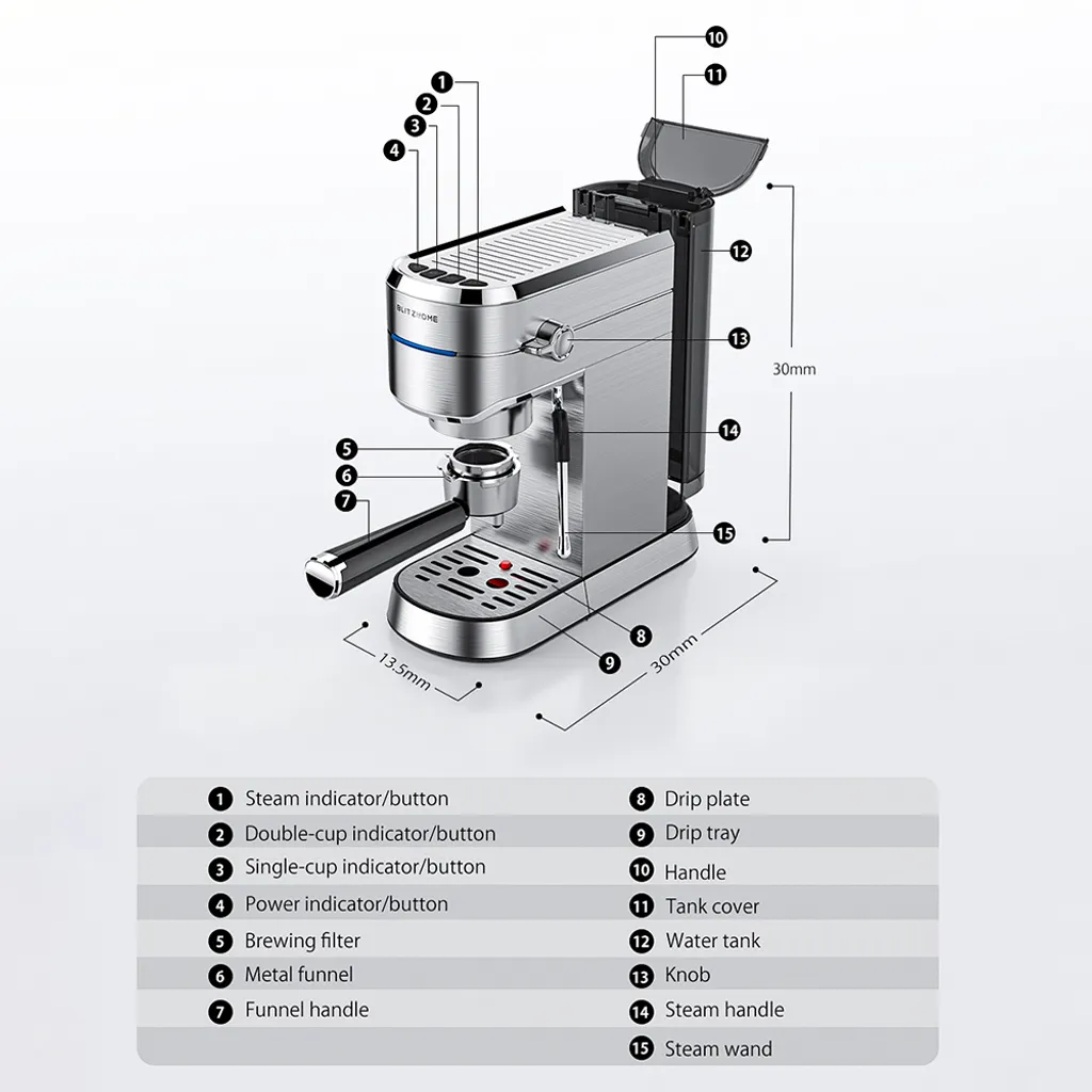 BlitzHome Espresso Maschine Kaffeemaschine Cappuccinomaschine Milchaufschäumer Espressomaschinen – Bild 7