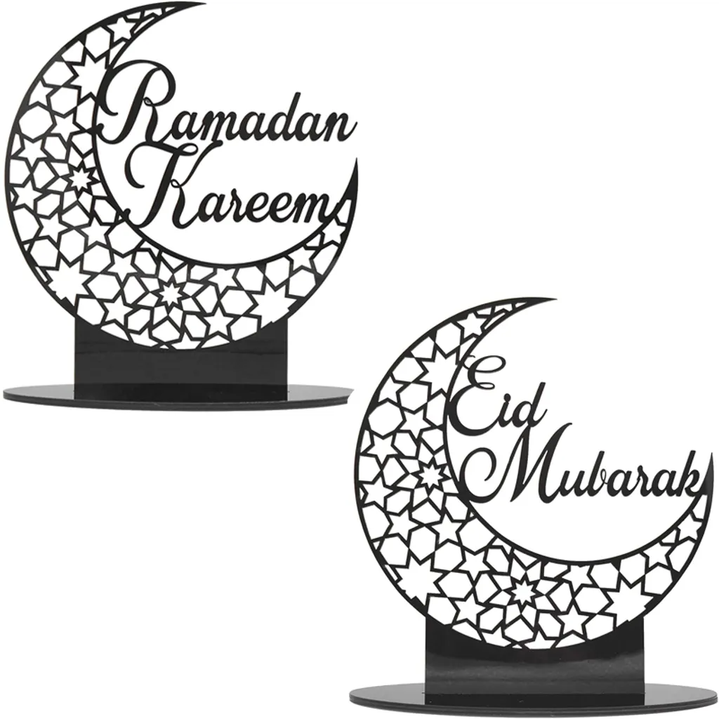 Jesunfuzhu 2x Ramadan Eid Mubarak Dekorationen Eid Mubarak Acryl Ornamente Mond Sterne,Muslim Festival Dekorationen, Schwarz