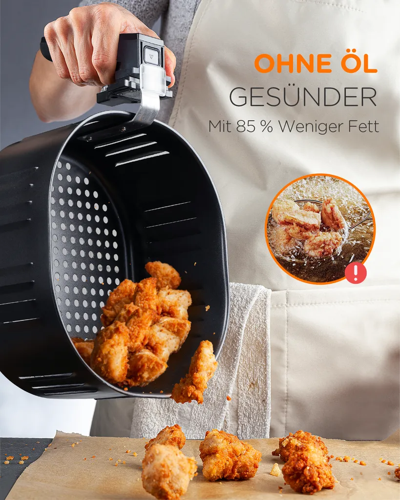 Tomons Heißluftfritteuse XXL 5,5 L Elektrofritteuse, 1800W, Airfryer Ohne Fett Und Öl, Friteuse Heißluft Mit 8 Voreinstellungen, Alarmtimer, Digitales Touch-Display, Frittierkorb Und Rezeptheft – Bild 4