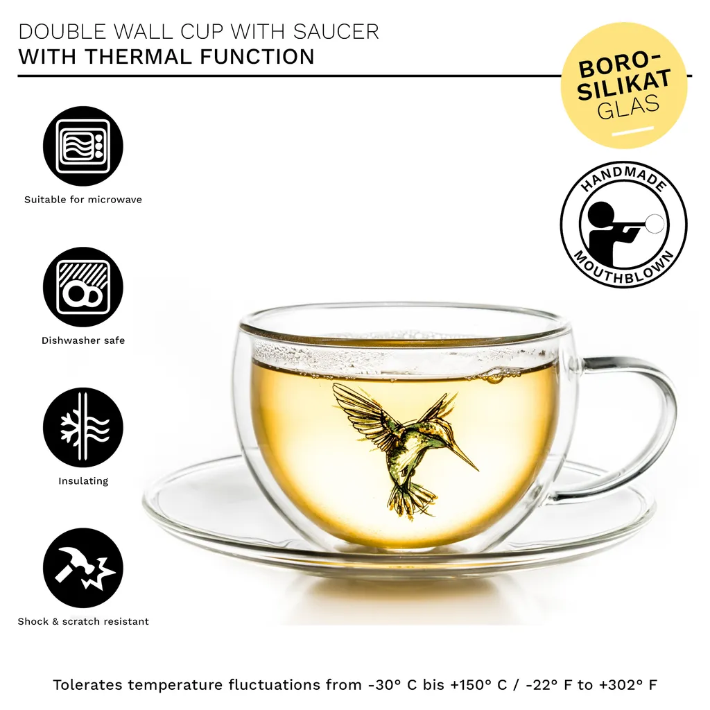 Creano 6er-Set Thermo-Tasses "Hummi" Für Tee/Latte Macchiato, Doppelwandig, Mit Kolibri-Muster | 250ml In Exklusiver Geschenkpackung – Bild 3