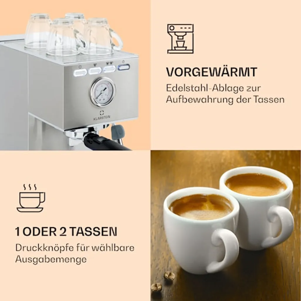 Klarstein Pausa Espressomaker, Siebträgermaschine Mit 1350 Watt, Espressomaschine 20 Bar Druck, Siebträger Kaffeemaschine Mit Wassertank: 1,4 Liter Edelstahl ,silber – Bild 4