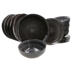 MamboCat 18tlg. Teller Set Reactive Glaze Black 6 Pers. Steingut Teller Schale Schwarz