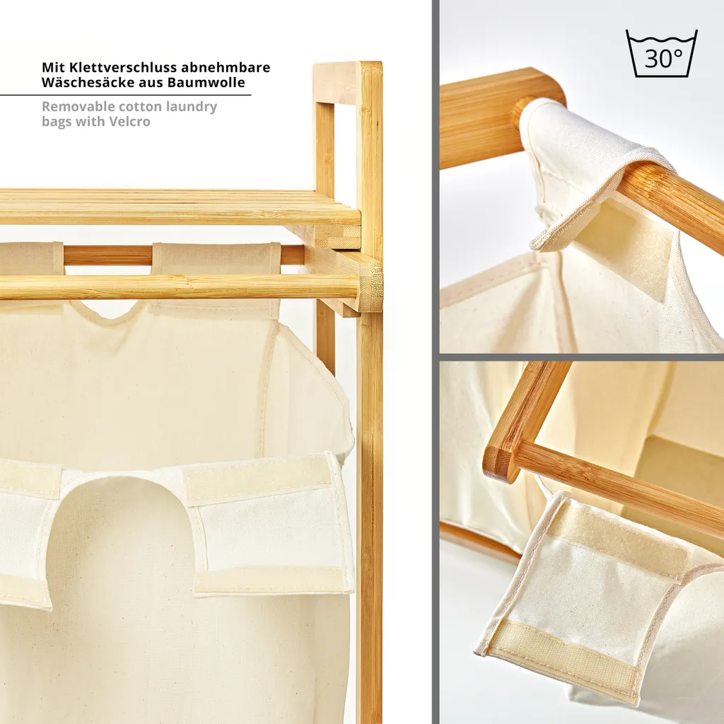 Maxxworld Lumaland Wäschekorb Aus Bambus, Mit 2 Ausziehbaren Wäschesäcken, Ca. 73 X 64 X 33 Cm Beige – Bild 3