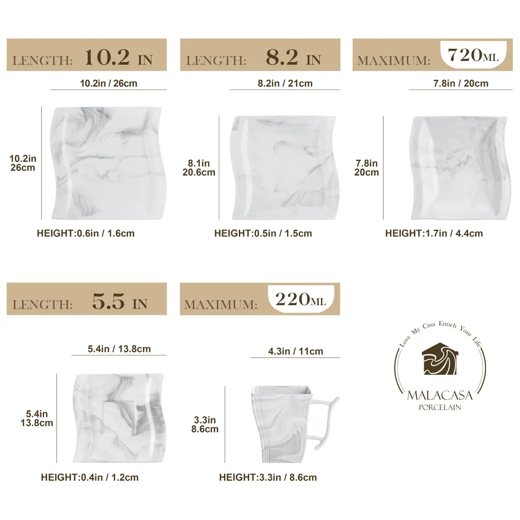 MALACASA, Serie Flora, 60 Tlg. Marmor Porzellan Geschirrset Kombiservice Tafelservice Mit Je 12 Kaffeetassen, 12 Untertassen, 12 Dessertteller, 12 Suppenteller Und 12 Flachteller – Bild 2