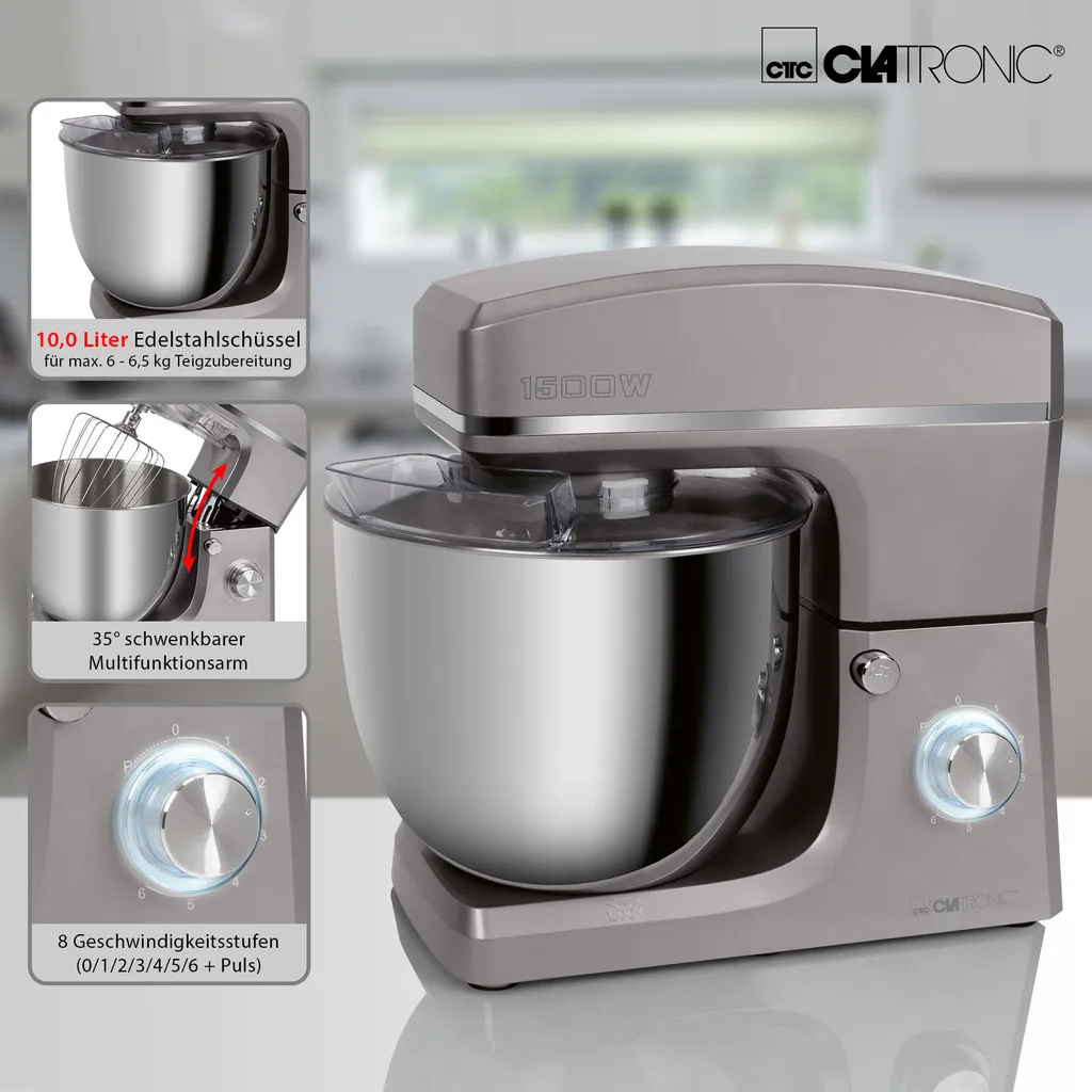 Clatronic KM 3765 Knetmaschine, 1500W, 8 Geschwindigkeitsstufen, 10 Liter- Edelstahlschüssel Für Max. 6–6,5 Kg, Spritzschutzdeckel Mit Nachfüllöffnung, Titan – Bild 3