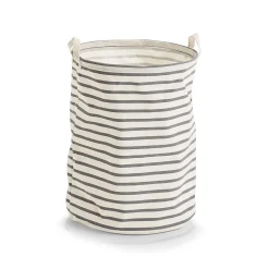 Praktischer Wäschekorb, Faltbar, Zwei Tragegriffe, 100% Baumwolle, Weiß Mit Grauen Querstreifen, Marke Zeller