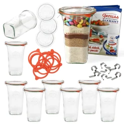 MamboCat 9er Set WECK Quentin Glas 795ml + 9x Einmach-Zubehör + Rezeptheft I Sturz-Form