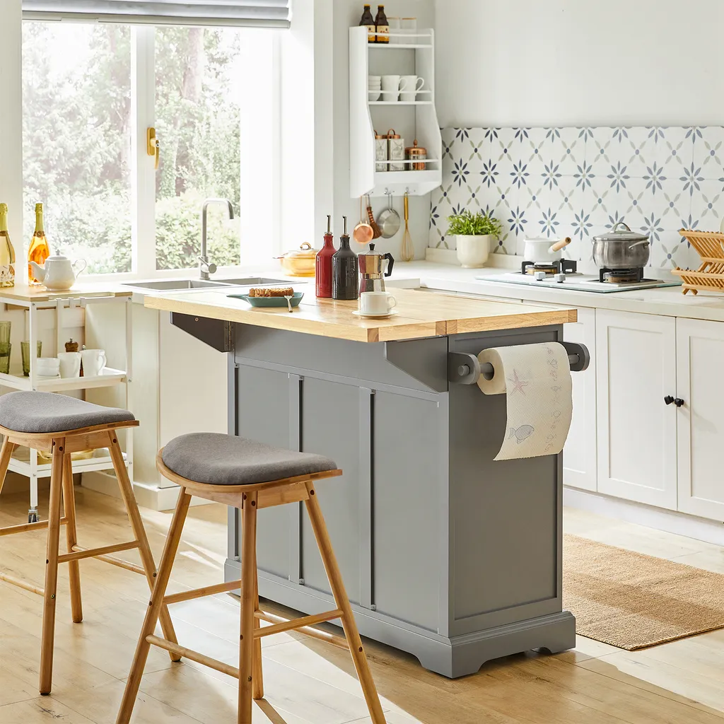 SoBuy FKW71-HG Kücheninsel Küchenwagen Mit Erweiterbarer Arbeitsplatte Küchenschrank Servierwagen Holz BHT Ca.: 115x92x46-71cm – Bild 4