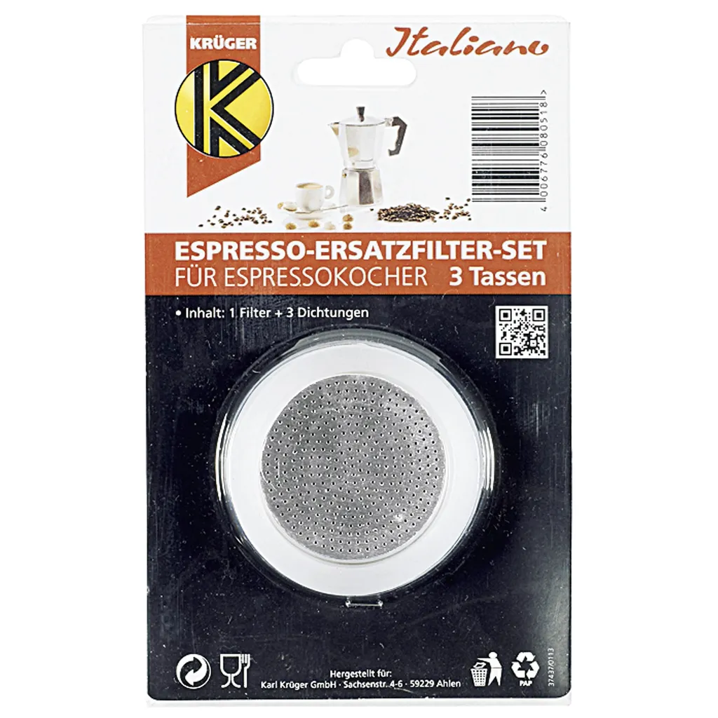 Krüger 504-S Espresso Ersatzfilter-Set Für Espressokocher Für 3 Tassen, Silber/weiß, 4-teilig (1 Set)