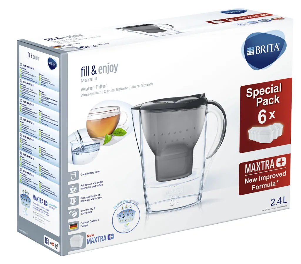 BRITA Wasserfilter Marella Im Vorratspack Mit 6 X Maxtra Kartuschen, Farbe Graphit