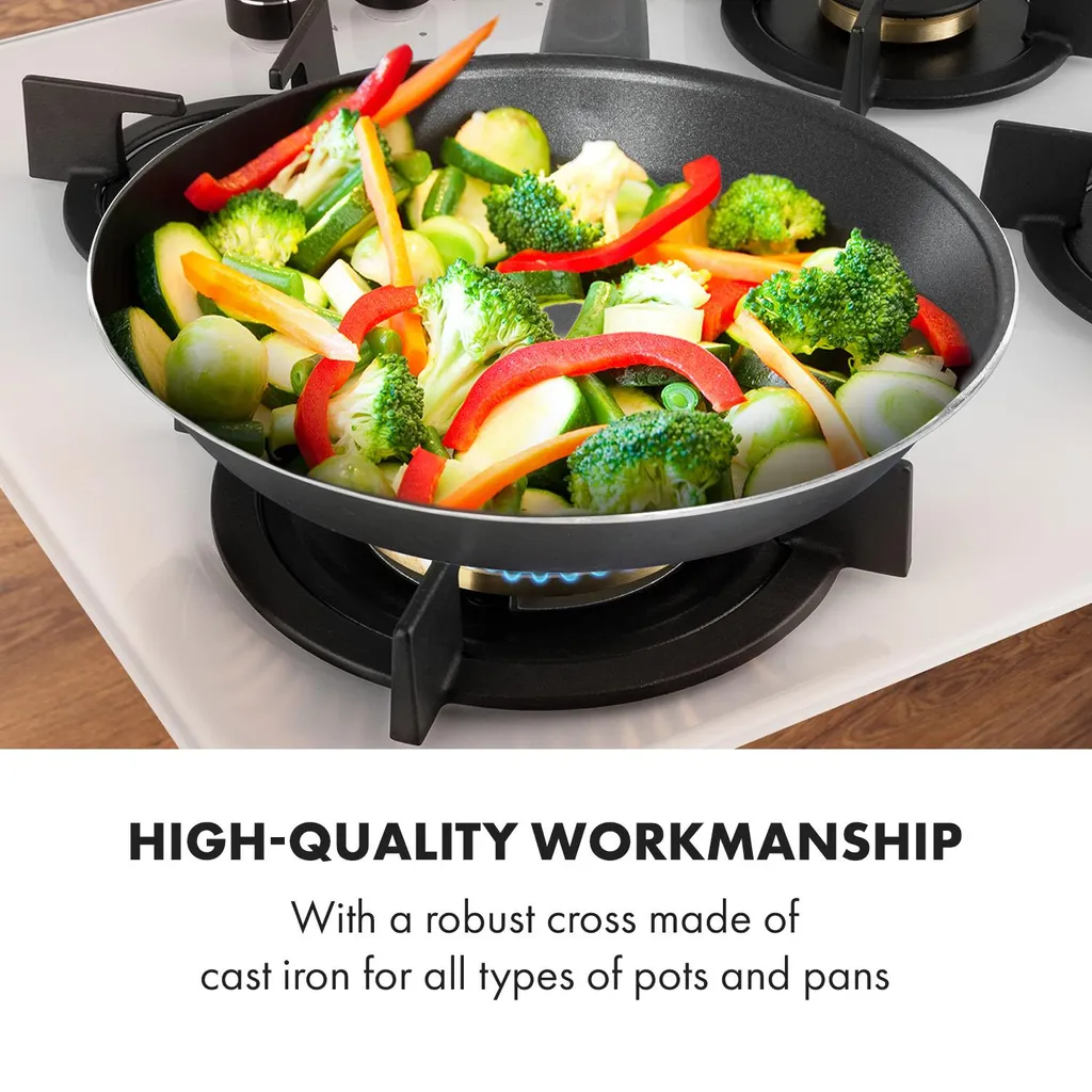 Klarstein Goldflame 4 Gaskochfeld , 4-flammig , Autark , 60 Cm , Einbau , Messing-Brenner , Erdgas/Propangas , Sicherheitsventile , Automatische Abschaltung , Topfträger Aus Gusseisen , Inkl. Schlauch Und Druckminderer , Glaskeramik Ø 8 Mm , Weiß – Bild 7