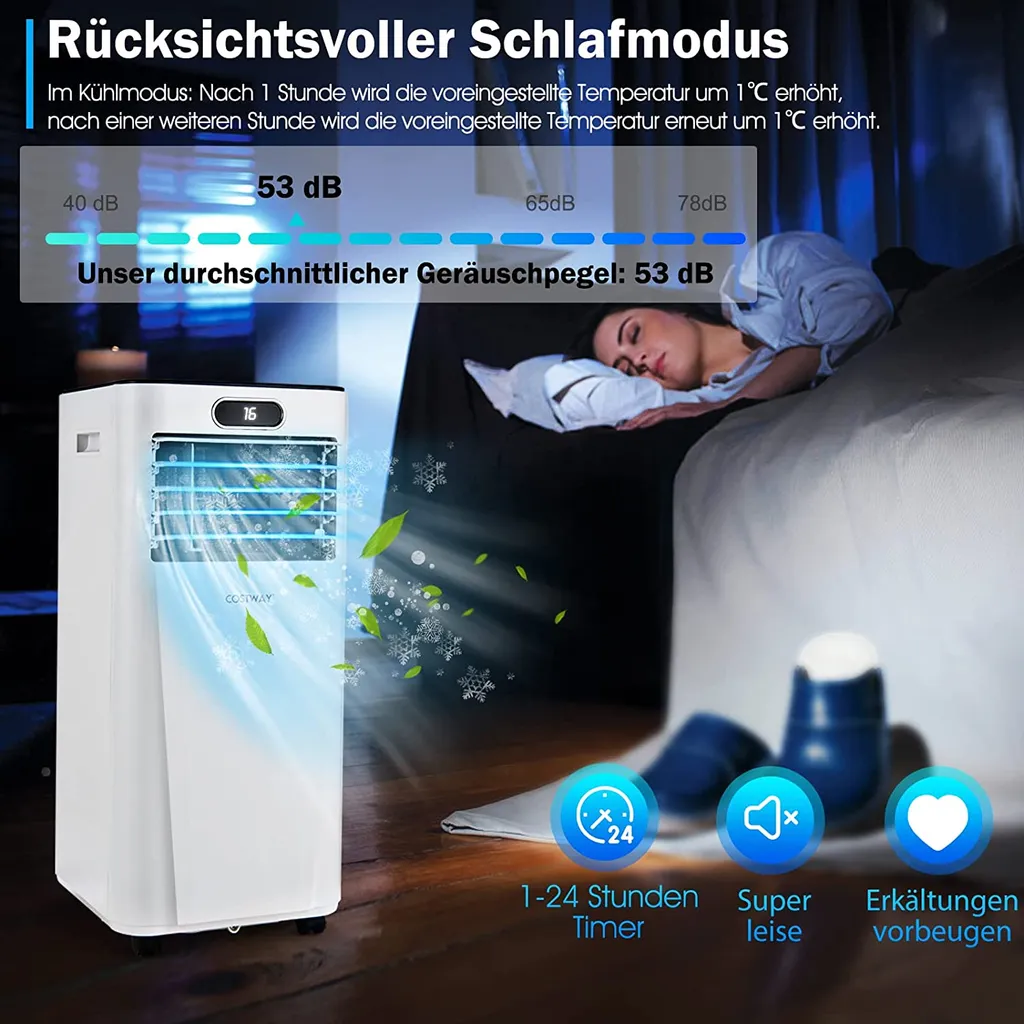 COSTWAY 4in1 Mobile Klimaanlage 9000BTU/2,6 KW Für 30㎡ Klimagerät 54dB Entfeuchter Tragbar 2 Geschwindigkeiten Inkl. 24H Timer, Fernbedienung, Schlafmodus, Abluftschlauch 16℃-32℃ Weiß – Bild 4