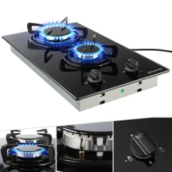 AREBOS Gaskochfeld 2 Flammen, Glaskeramik, Inkl. Topfträger & Zündsicherung, Autark, Geeignet Für Erdgas Oder Propangas, Gasherd