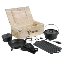 BBQ-Toro 8-teiliges Dutch Oven Set In Holzkiste | Gusseisen, Bereits Eingebrannt