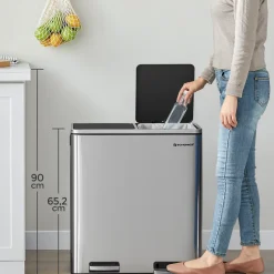 SONGMICS Mülleimer 60L Mit Müllbeutel Treteimer 2 X 30L Edelstahl Abfalleimer Mit Inneneimer Fingerabdruckfrei Mit Handgriffen Trennsysteme LTB60NL