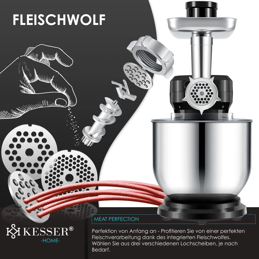 KESSER® 3 In 1 Universal Küchenmaschine K-KM 3000 Mit Fleischwolf Knetmaschine Multifuntionale Rührmaschine 5,5L Schüssel Mit 3 Rührwerkzeuge 1,5L Entsafter Wurst Set Pasta & Plätzchenformen, Farbe:Schwarz – Bild 4