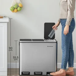 SONGMICS Mülleimer 54L Treteimer 3 X18L Edelstahl Abfalleimer Mit Fußpedal Handgriffen Und 3 Inneneimern Aus Kunststoff LTB54NL
