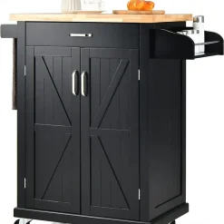 COSTWAY Küchenwagen Auf Rollen, Servierwagen Mit Arbeitsplatte & Handtuchhalter & Schublade & Gewürzregal, Kücheninsel Holz, Küchenschrank Rollbar, Für Küche, Esszimmer Und Bar (Schwarz)