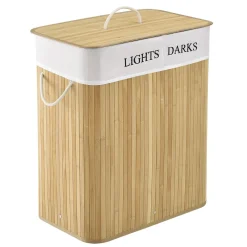 Juskys Bambus Wäschekorb Curly – 100 Liter Wäschesammler Mit Deckel, Griff & Stoff Wäschesack – 2 Fächer Wäschesortierer – Wäschebox In Natur
