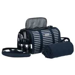 Anndora Picknick Kühltasche + Decke + Zubehör - Blau Weiß Gestreift - Blau