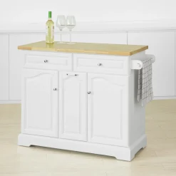 SoBuy FKW100-WN Kücheninsel Mit Arbeitsplatte Küchenwagen Mit 2 Türen Und Ausziehbarem Flaschenhalter Küchenschrank Sideboard Küchentrolley Weiß BHT Ca.: 115x90x46cm