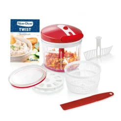 Genius Nicer Dicer Twist Universalzerkleinerer 9-tlg Rot - Gemüseschneider Manuell Mit Seilzug, Salatschleuder & Sieb 1000ml; A29188