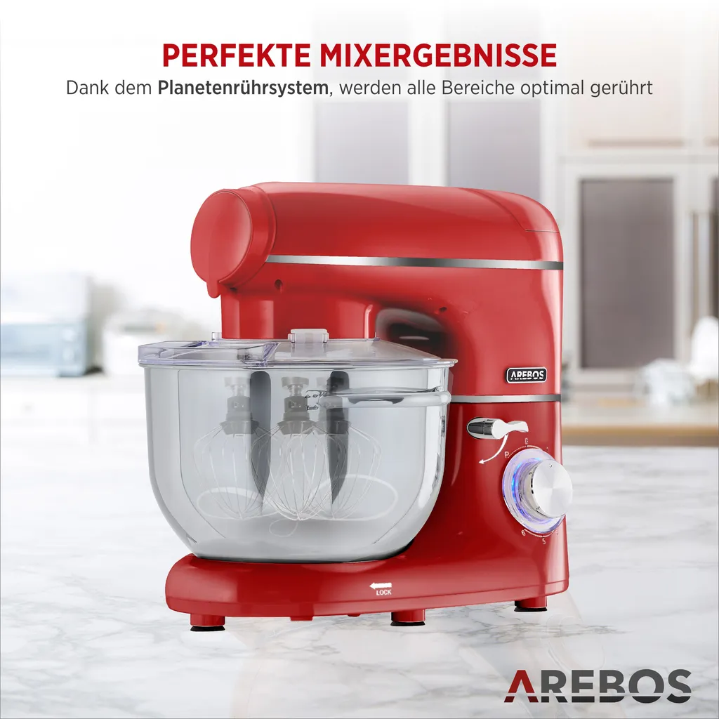 AREBOS 6-in-1 Küchenmaschine 1500W, Fleischwolf, Blender, Nudelmaschine, Knetmaschine Mit Edelstahl-Schüssel 5,5 L, Rot – Bild 8