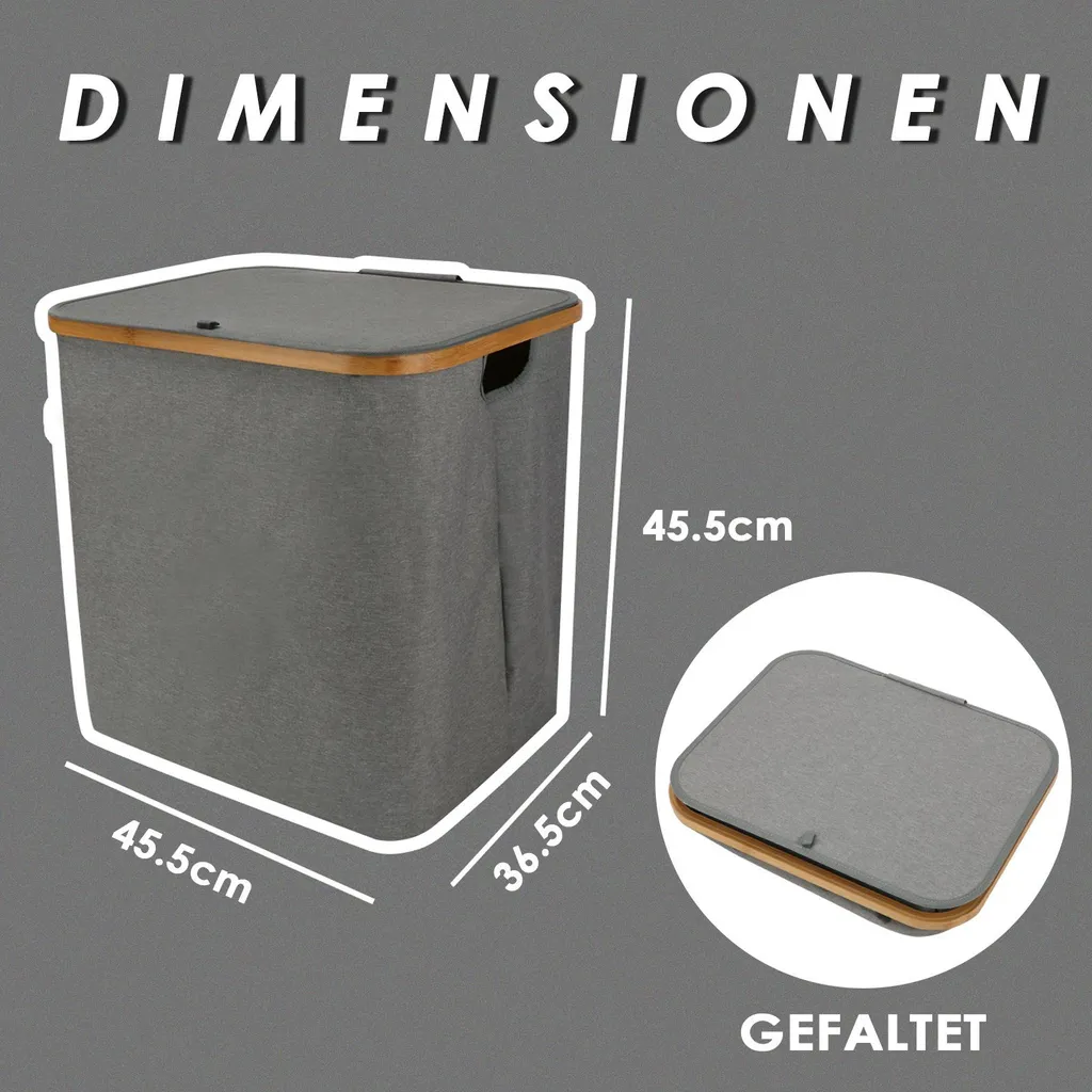 KAHOO Wäschekorb 73L Wäschesammler Aus Bambus + Leinen, 45x36x45cm, Faltbarer Sortier, Wäschebox Mit Deckel Und Griffen, Für Spielzeuge – Bild 2