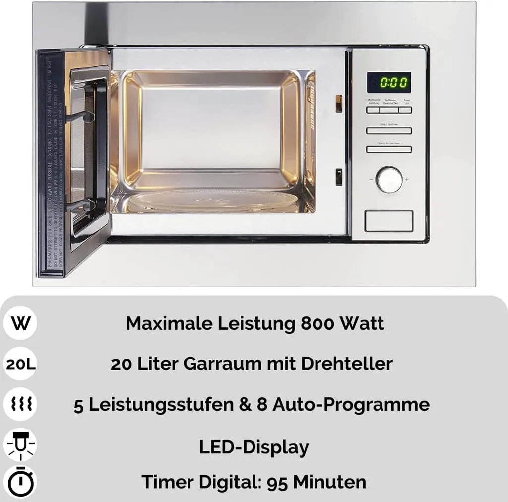 PKM Einbau Mikrowelle Microwellengerät Mikrowellenherd MW820-EBM Edelstahl 800 W – Bild 2