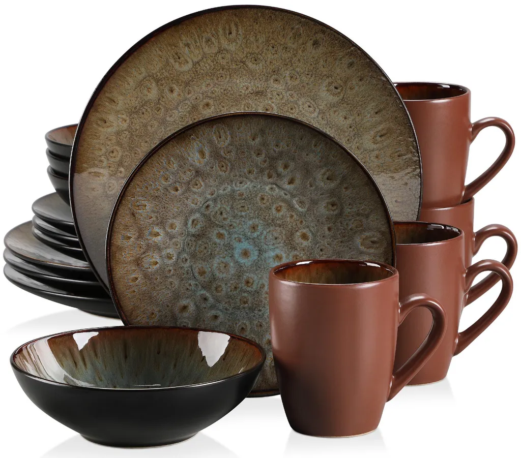 Tafelservice Steinzeug, Vancasso 16-St BUBBLE Kombiservice, Geschirrset Mit Müslischalen, Kaffeetassen, Dessertteller Und Speiseteller Für 4 Personen, Vintage