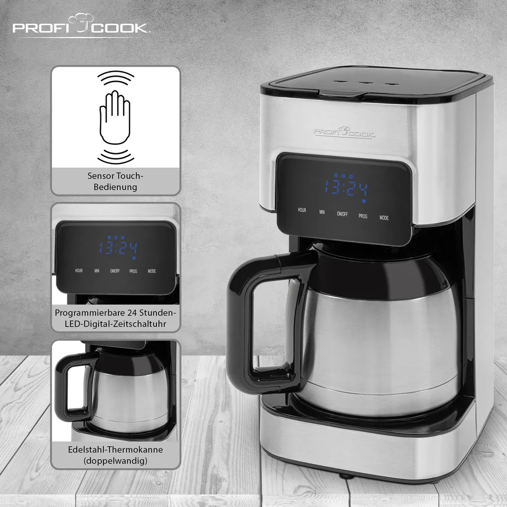 ProfiCook Kaffeeautomat PC-KA 1191 Für 8-10 Tassen, Elektronische Aromawahlfunktion, Sensor Touch-Bedienung, Edelstahl-Thermokanne (doppelwandig) – Bild 2