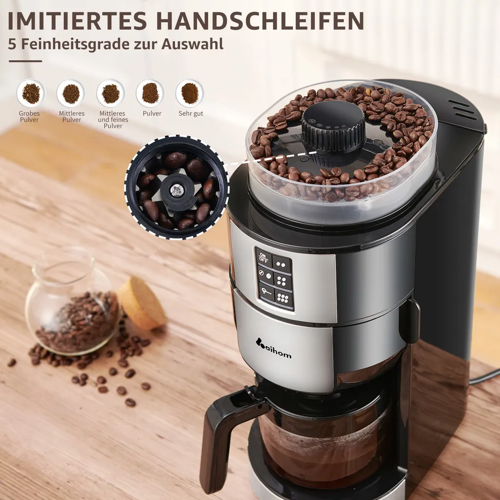 Aihom Kompakte Kaffeemaschinen Mit Mahlwerk Filterkaffeemaschine Kaffeemaschine Mit Mühle Für Bohnenkaffee Und Kaffeepulver 2/4/6 Tassen, Schwarz – Bild 4