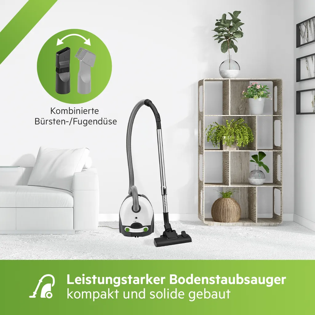 Clatronic Bodenstaubsauger Mit Beutel, Starke Leistung Gegen Staub, Tierhaare, Krümel U.a., Für Teppich- Und Hartböden, 5-Fach Mikrofiltersystem, Edelstahl-Teleskoprohr, Weiß, BS 1300 – Bild 2