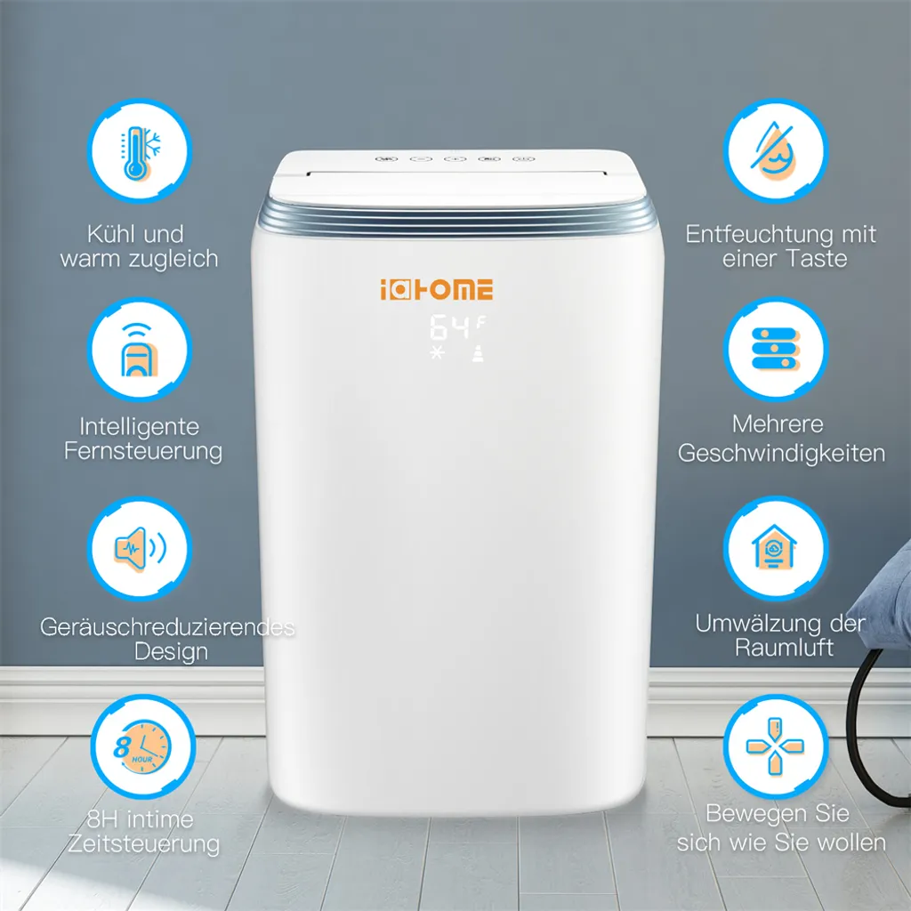 Fangqi Mobiles Klimagerät Mit Schlafmodus Und Timerfunktion, Kühlgebläse, Mit Fernbedienung, Manuelle Steuerung, 3-in-1-Funktion (Kühlen, Entfeuchten, Lüften), Mit Abluftrohr, Umweltschutz Und Energieeinsparung, Energieeffizienzklasse A, R290PS 9000 BTU, Unterseite Der Maschine Mit Rädern, Leicht Zu Bewegen, Geeignet Für Zuhause, Büro – Bild 6