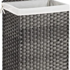 SONGMICS Wäschekorb Handgeflochten, 90 L, Wäschesammler Aus Synthetischem Rattan, Mit Deckel Und Griffen, Faltbar, Wäschesack Herausnehmbar, Grau LCB51WG