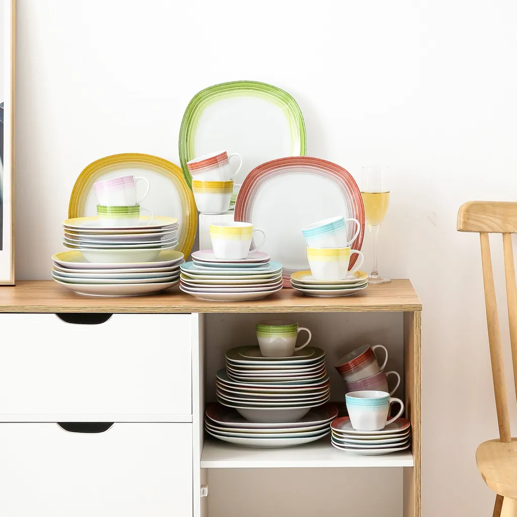 VEWEET Tafelservice 'SPARK' Aus Porzellan, 60-tlg Kombiservice, Kaffeetassen, Untertasse, Dessertteller, Speiseteller Und Suppenteller, Komplettservice Für 12 Personen – Bild 5