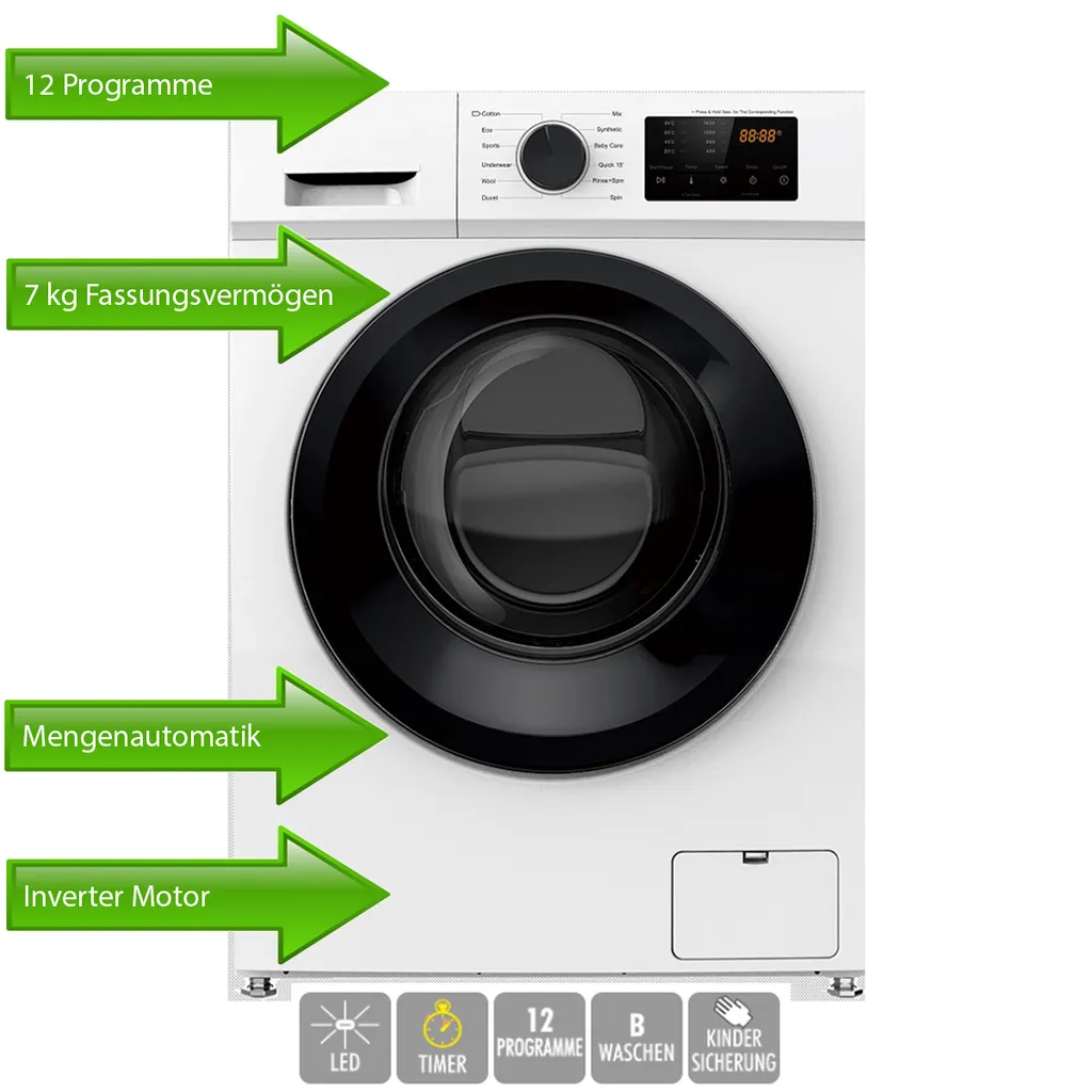 PKM Waschmaschine Waschautomat Frontlader Vollwaschautomat 7kg WA7-E1214I – Bild 2