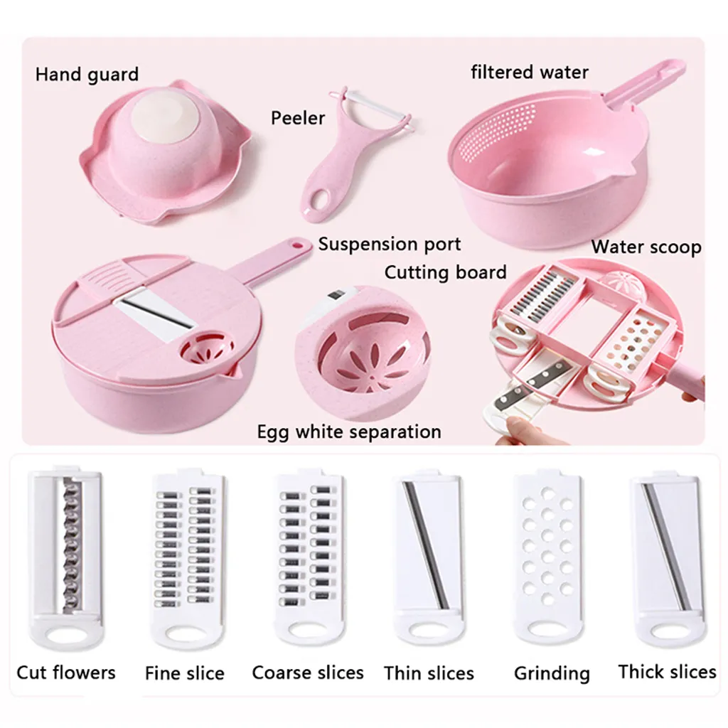 Stretoey 12 In 1 Gemüseschneider, Multifunktional Reibe, Allesschneider Zerkleinerer, Manuell Geschnitten, Rosa – Bild 6