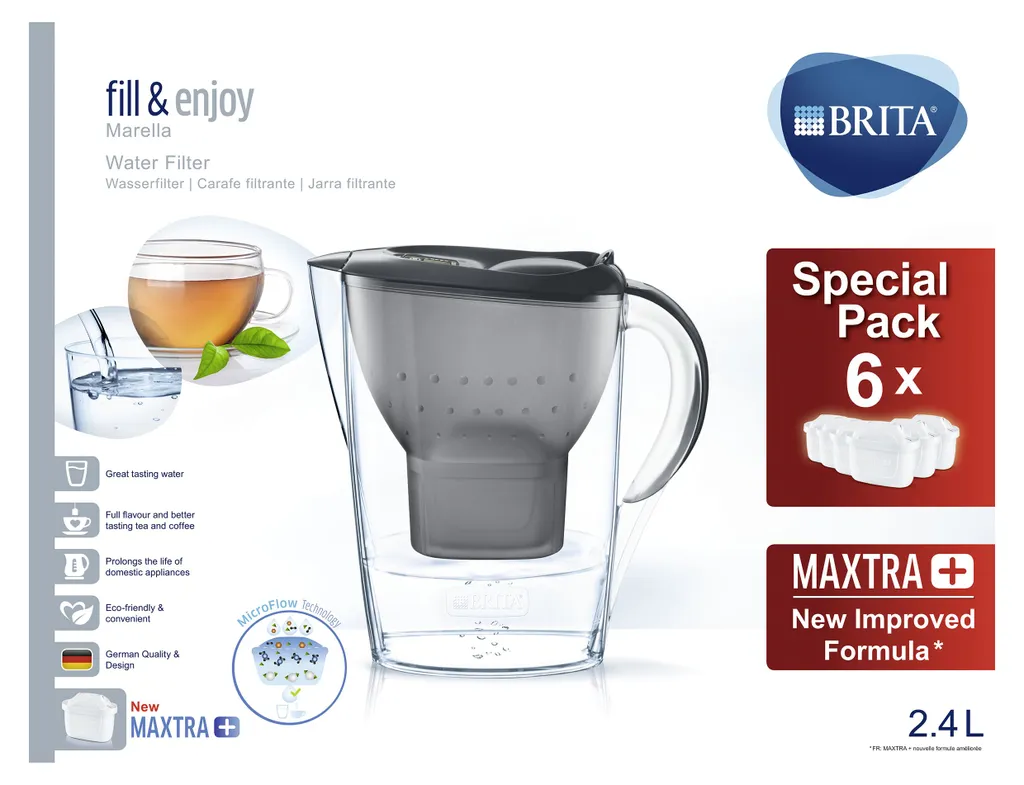 BRITA Wasserfilter Marella Im Vorratspack Mit 6 X Maxtra Kartuschen, Farbe Graphit – Bild 2
