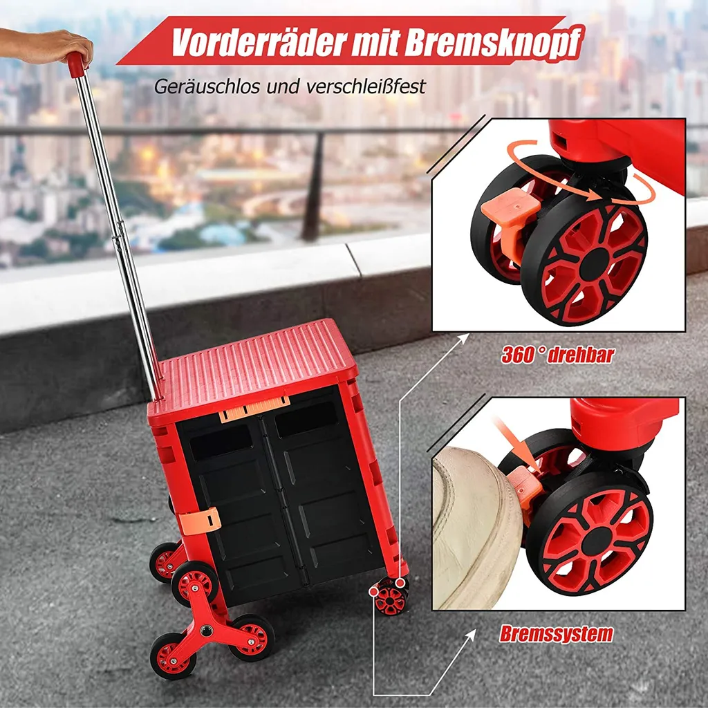 COSTWAY Einkaufstrolley Klappbar, Einkaufswagen Kunststoff Faltbar, Transport Trolley Treppensteigen 70kg Tragkraft, Einkaufskorb Mit Deckel, Teleskop Griff, 8 Rädern (Rot) – Bild 3