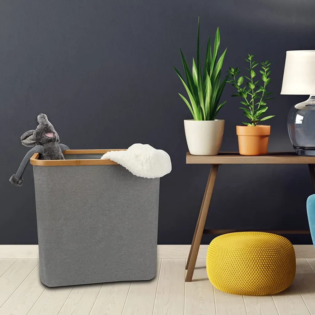 KAHOO Wäschekorb 73L Wäschesammler Aus Bambus + Leinen, 45x36x45cm, Faltbarer Sortier, Wäschebox Mit Deckel Und Griffen, Für Spielzeuge