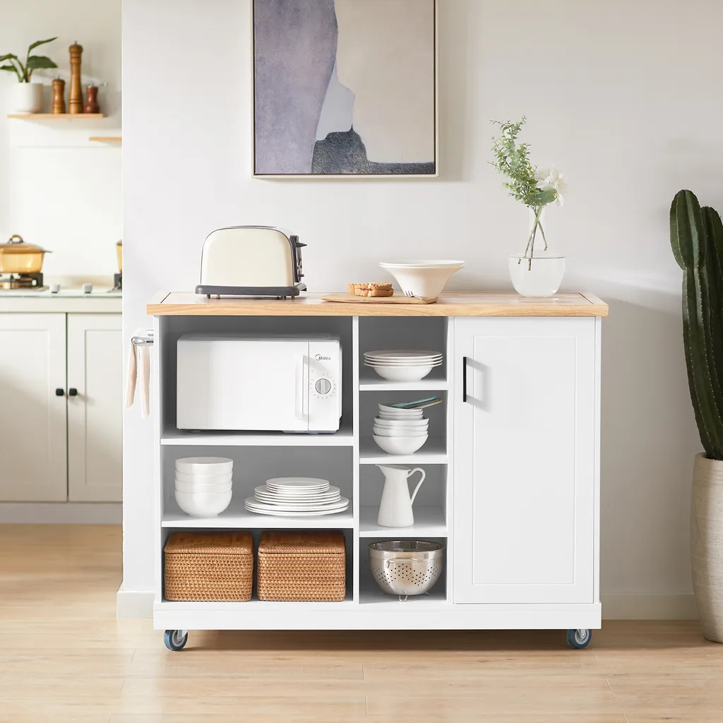 SoBuy FKW105-WN Design Küchenwagen Mit Arbeitsplatte Kücheninsel Küchenschrank Rollwagen Mikrowellenschrank Weiß-Natur BHT Ca.: 127x94x51cm – Bild 2