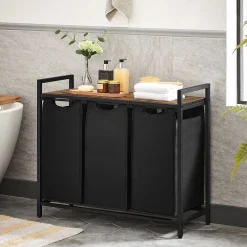 VASAGLE Wäschekorb, Wäschesammler, 3 Abnehmbare Taschen Aus Oxford-Gewebe, Metallgestell, 3 X 38 Liter, 92,5 X 33 X 71 Cm, Vintagebraun-schwarz BLH301B01