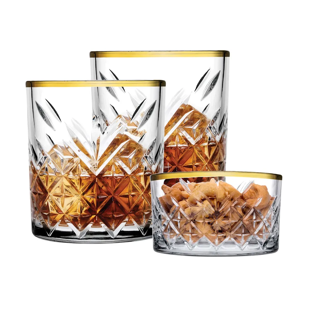 Pasabahce 96818 Timeless Golden Touch 3 Teilig Im Kristall-Design Retro Design - 2 Whisky Glas Und 1 Kristall-Schale – Bild 2