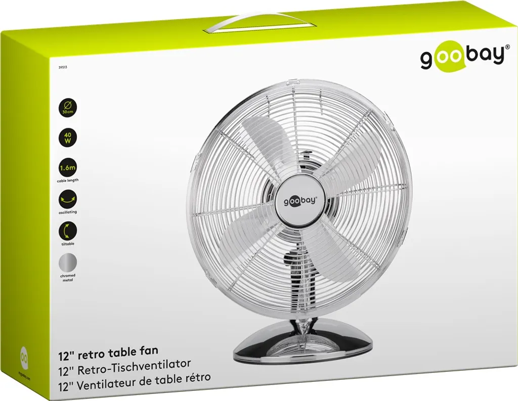 Goobay Retro Tischventilator Mit 3 Leistungsstufen, 40cm Durchmesser (12 Zoll) - Neigbar, Schwenkbar, Super Leise - Verchromt – Bild 5