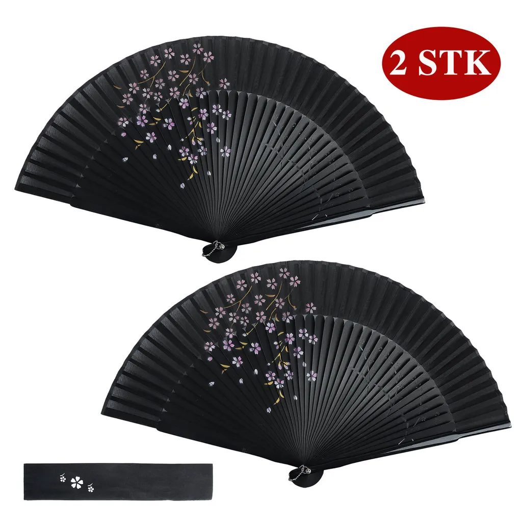 DeCio Service GmbH 2STK Handfächer Japanischer Faltfächer Klappfächer Vintage Stil Damen Herren Bambus Folding Fans Fächer Für Wanddekoration Hochzeit Geschenk Muttertag Party Kostüm - Schwarz